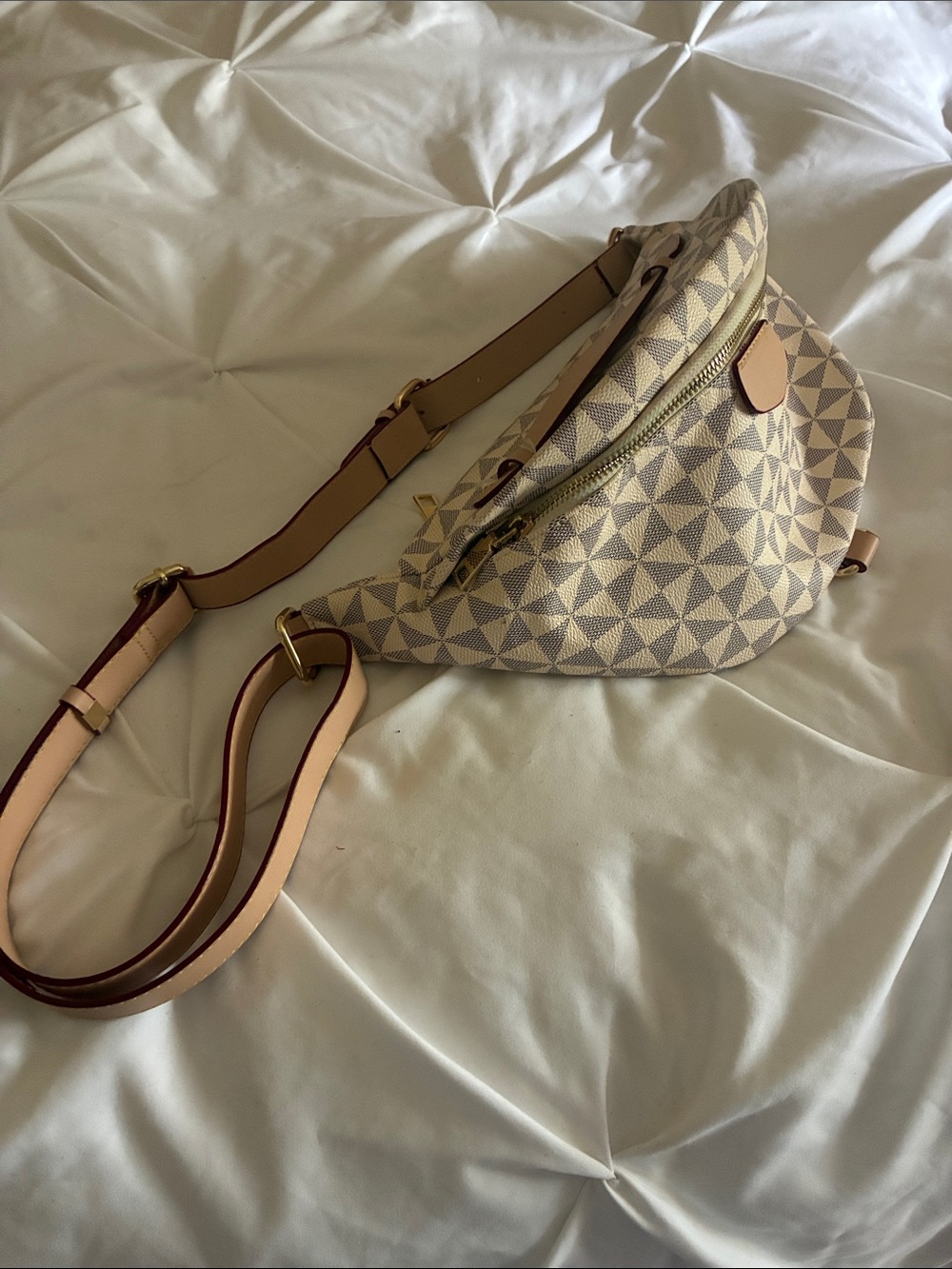 Amazon Beige Geo-Pattern Crossbody Belt Bag with Gold Hardware